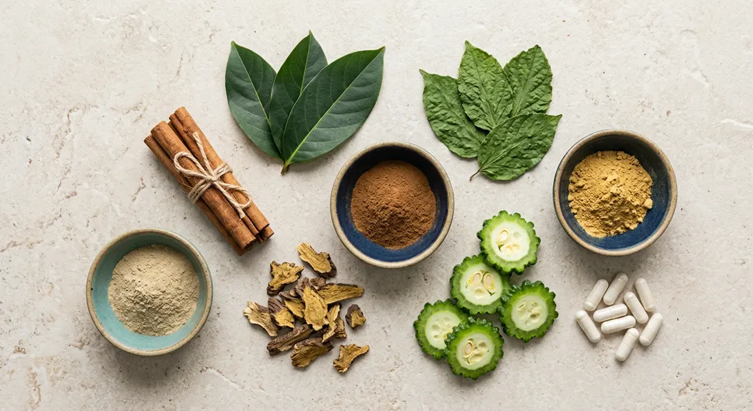 Flat lay of cinnamon sticks, gymnema leaves, bitter melon slices, berberine root and capsules