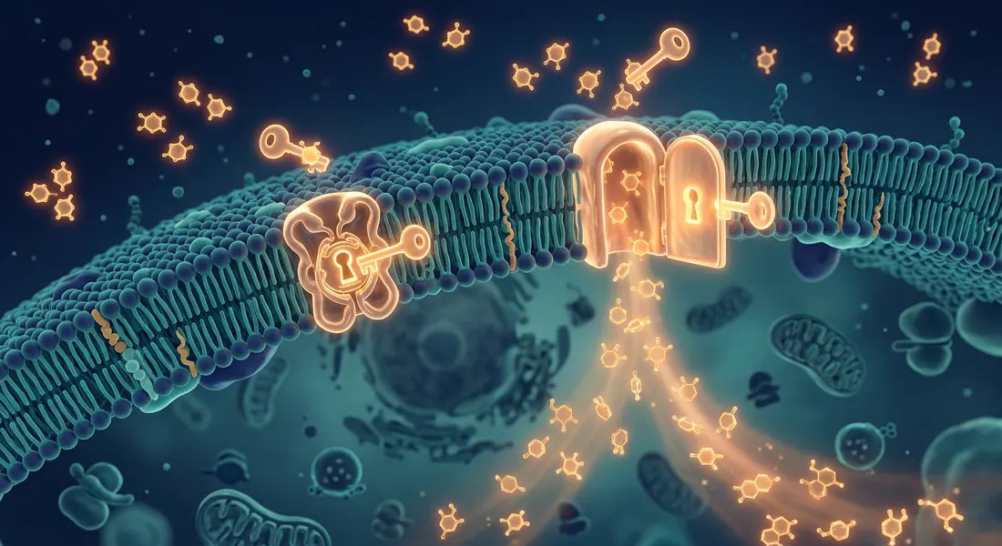 3D illustration of a cell with glowing receptors letting glucose molecules inside