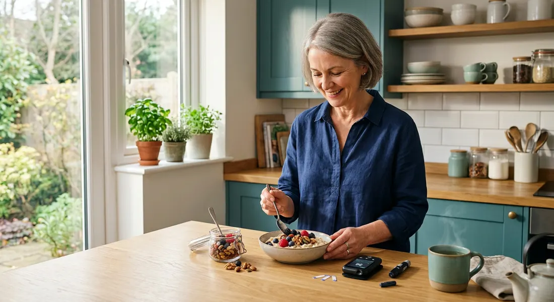 Person preparing a balanced breakfast with oats, berries and green tea beside a glucose meter