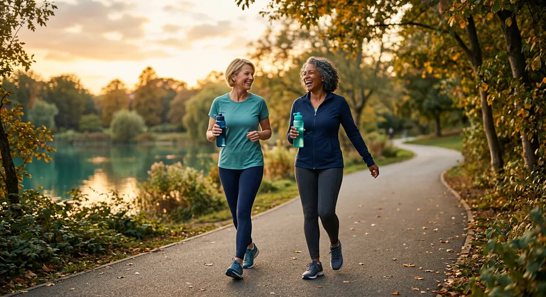 Two friends in their fifties walking briskly through a park at golden hour